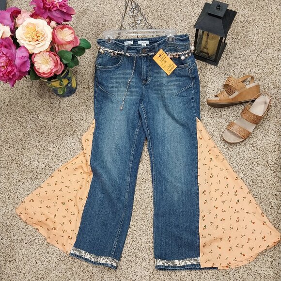 Cato Denim - 3094 Size 12 Cato Upcycled Bell-Bottom Jeans in Peach and Green.